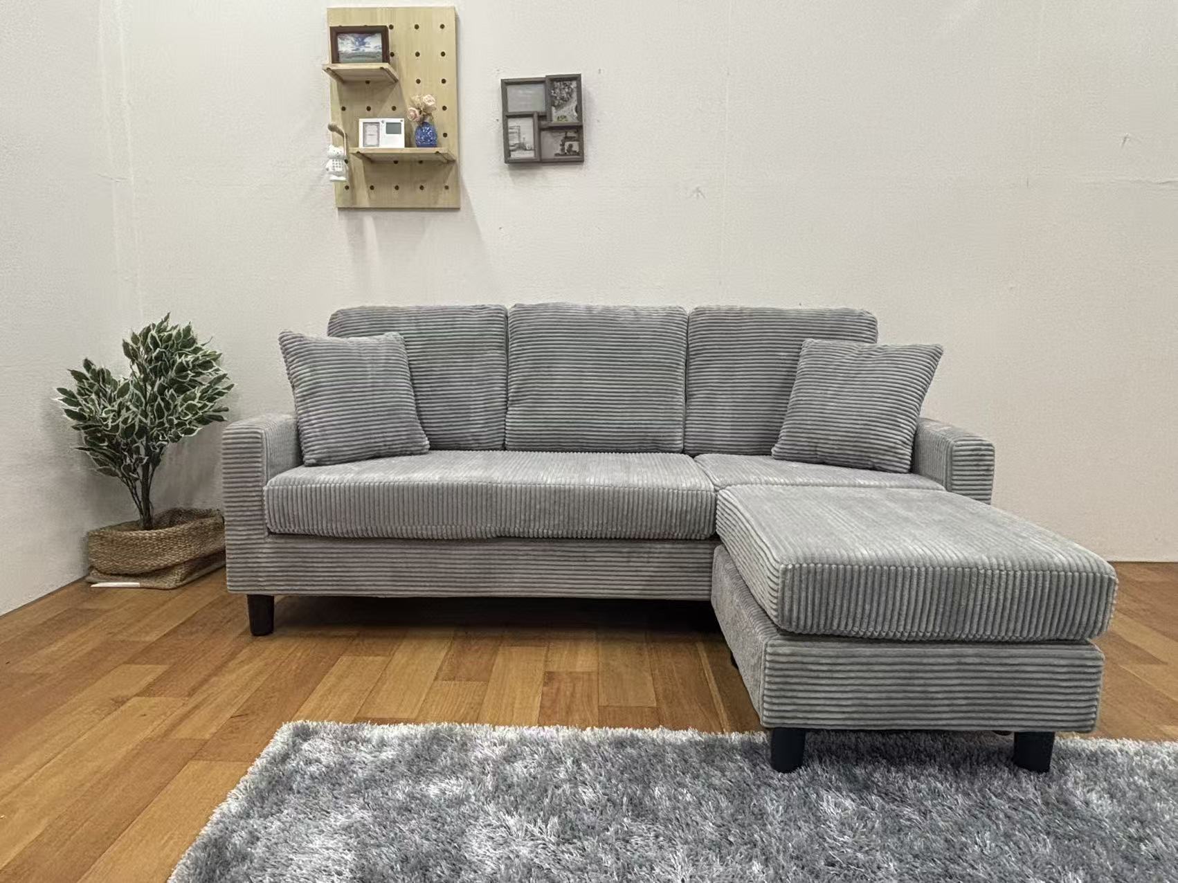 おしゃれ 北欧 カウチソファー、3人掛けソファ、 L字 ソファ オットマン付き 2007#GY