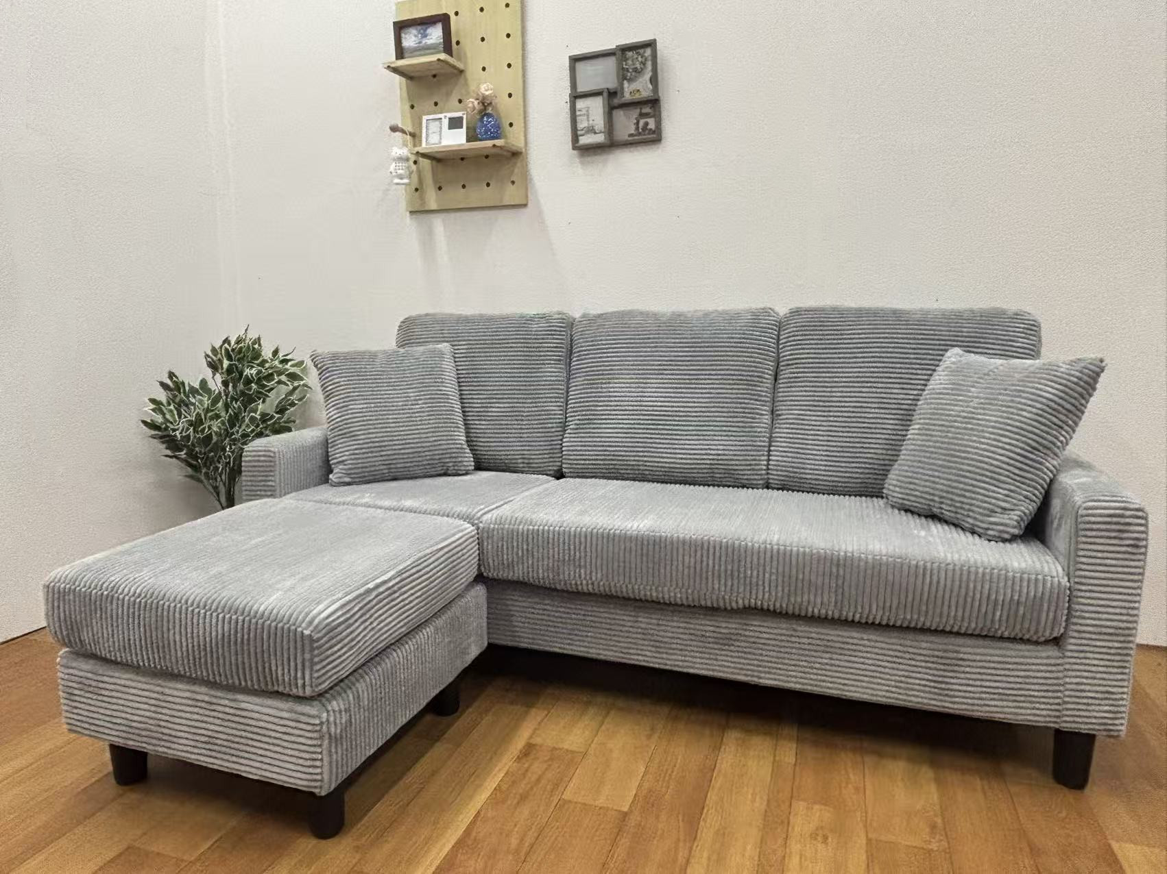 おしゃれ 北欧 カウチソファー、3人掛けソファ、 L字 ソファ オットマン付き 2007#GY - 画像 (3)